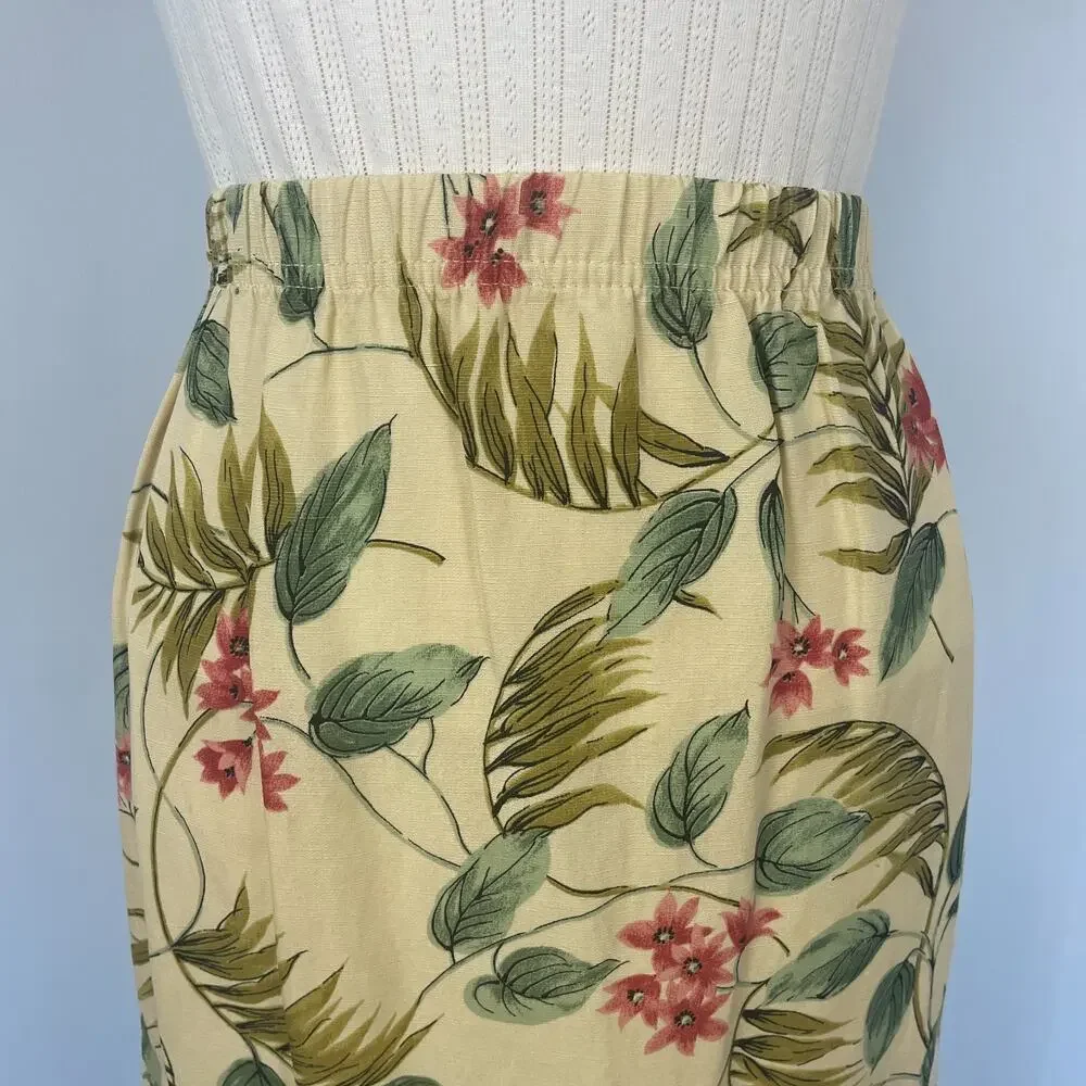 Vintage Midi Skirt Size Small Cream Yellow Floral Print Tropical Boho Linen 90s